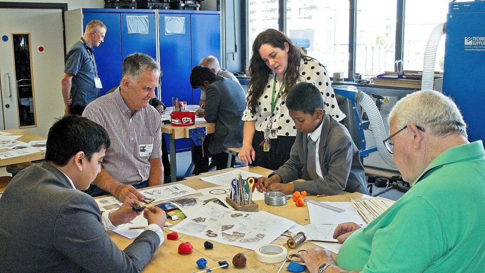 Art & Design Technology Teacher, Anna, with Geezers, Tony (left) and Charlie (right).