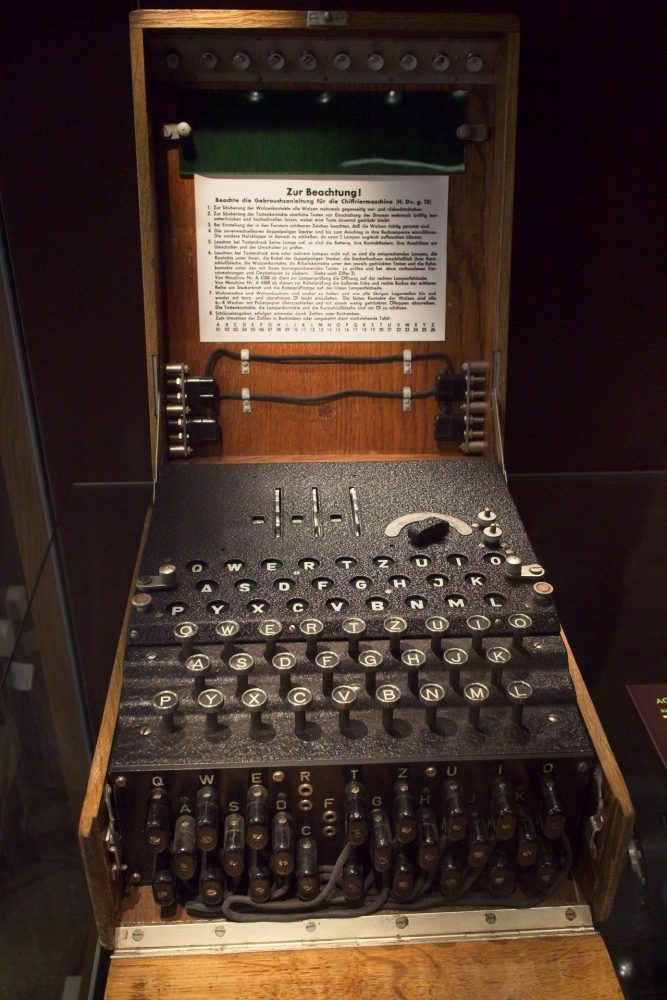 German earlier 3 wheel Enigma Machine with military plugboard.