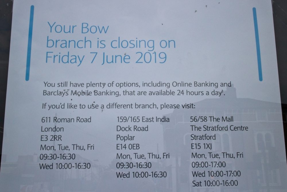 Barclays beside Bow Church DLR is closing