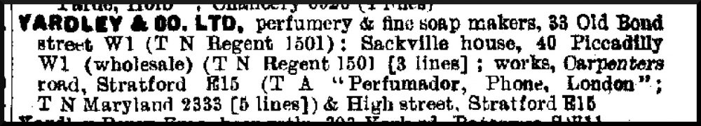 The Yardley works listed at Carpenter's Road in the 1939 Post Office Directory