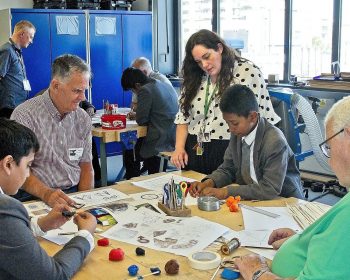 Art & Design Technology Teacher, Anna, with Geezers, Tony (left) and Charlie (right).