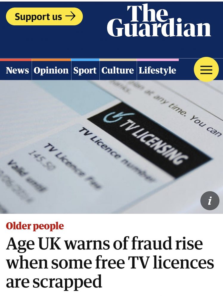 The Guardian warns of fraud rise when free OAP TV Licences are scrapped