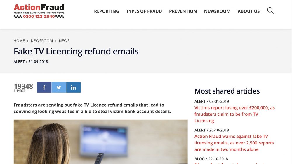 Action Fraud Fake TV licence refund emails