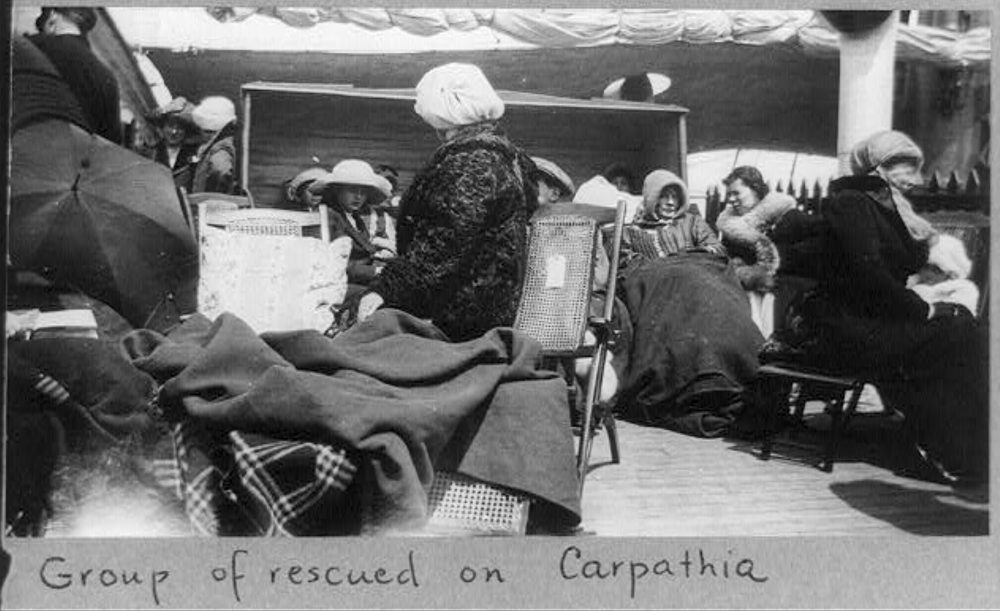 Group of survivors of the Titanic disaster aboard the Carpathia after being rescued.