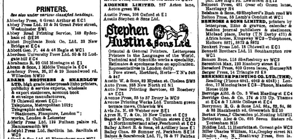 Printers in 1939 London PO directory