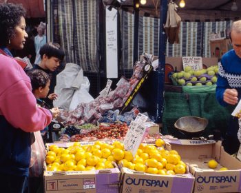 Fruit stall Roman Road Market 1990s