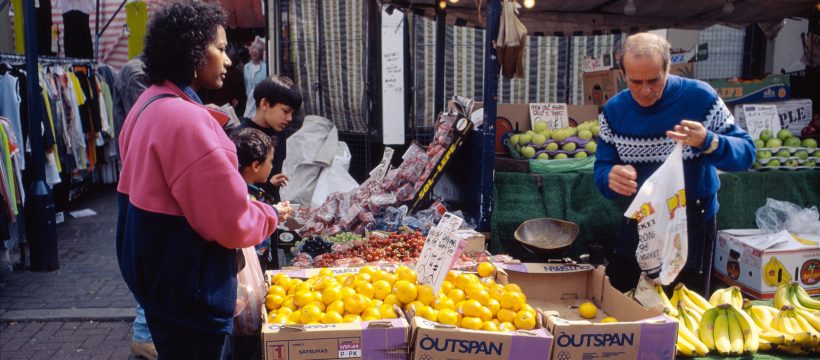 Fruit stall Roman Road Market 1990s