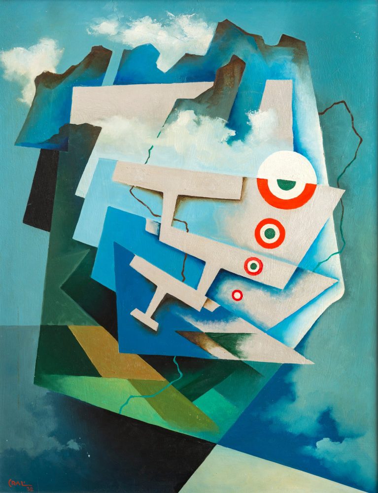 Sudden uplift: Tricolour Wings. 1932. by Tullio Crali. Painting on display in the exhibition at the Estorick Collection.