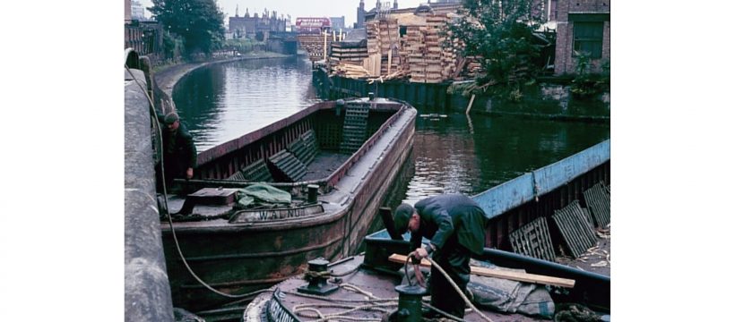 Boats turning at the Hertford Union Canal entrance having unloaded timber 1965 © London Canal Museum