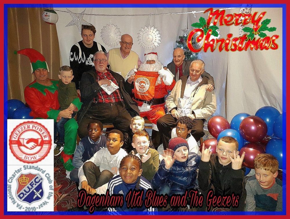 Don with fellow Geezers Barrie Stradling, Ray Gipson and Ricky Ayliffe at Dagenham Utd Blues Under 9s team Christmas Party used for their Christmas Card