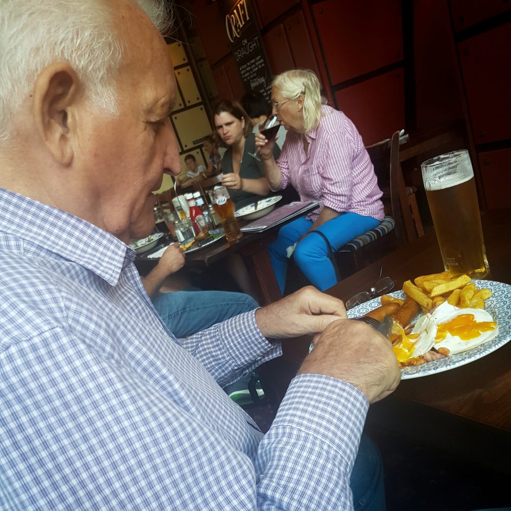 As Don Tomlin very rarely ate any food - when he did we took a photo! Here he's having a meal in the Wetherspoons Half Moon pub on Mile End Road