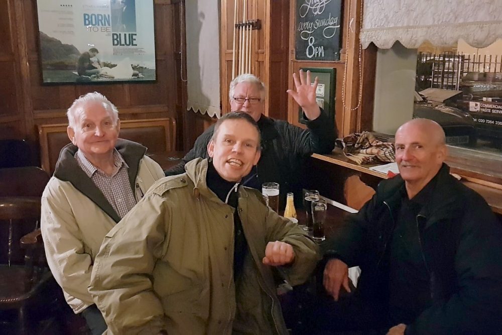 Don with fellow Geezers Barrie Stradling and Ricky Ayliffe and Barrie's friend Michael Karlstrom from Sweden in a Social Gathering in the Eleanor Arms