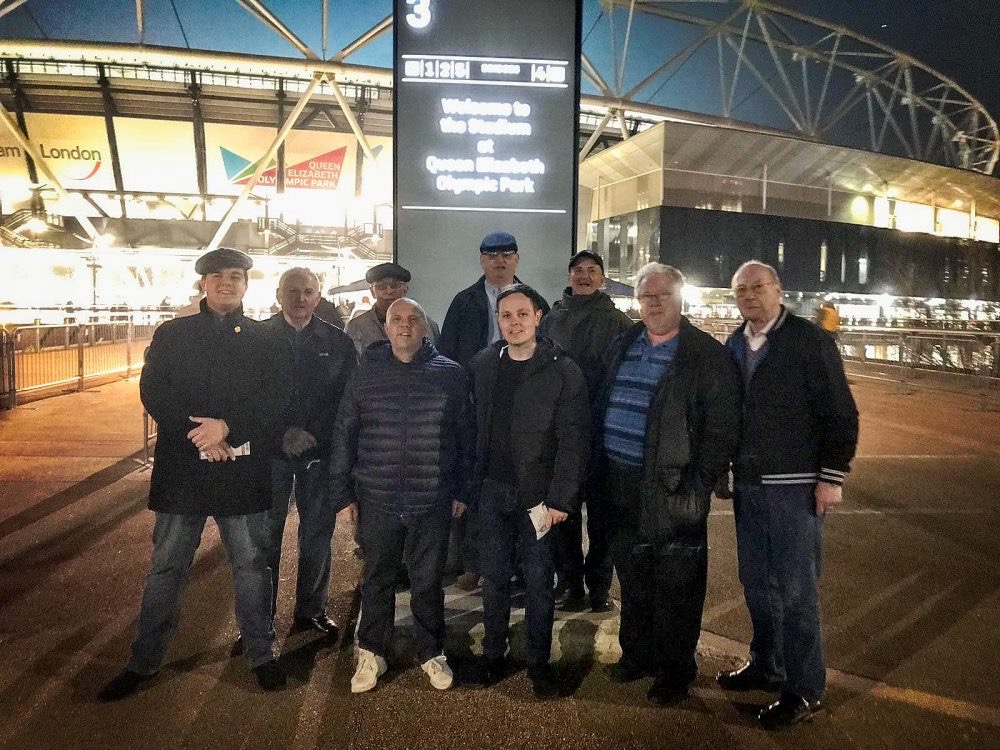 Don with fellow Geezers Ray Gipson, his son John and Grandson Jack and West Ham supporting friends, plus Geezers Ricky Ayliffe, Barrie Stradling and Brian Godfrey outside the New London/ Olympic Stadium before attending West Ham United v Fulham match