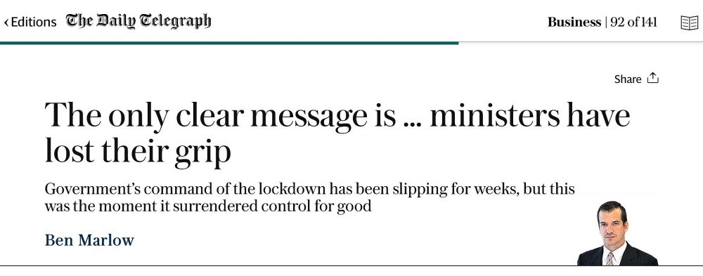 Ministers have lost their grip - Daily Telegraph 12th May 2020