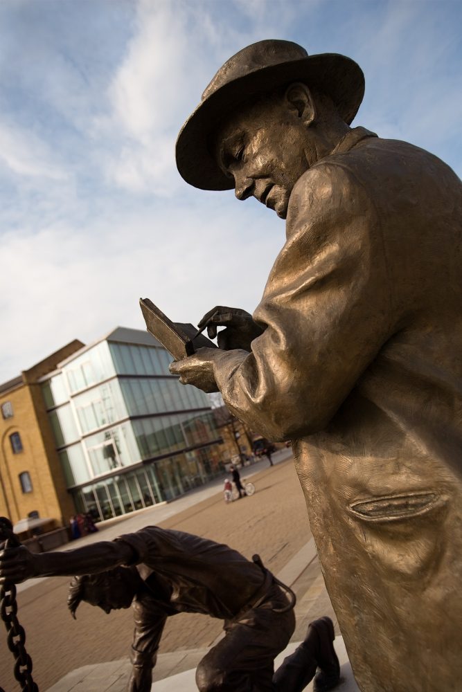 Dockers' Statue outside Excel by Les Johnson. Cast at Bronze Age Foundry Limehouse