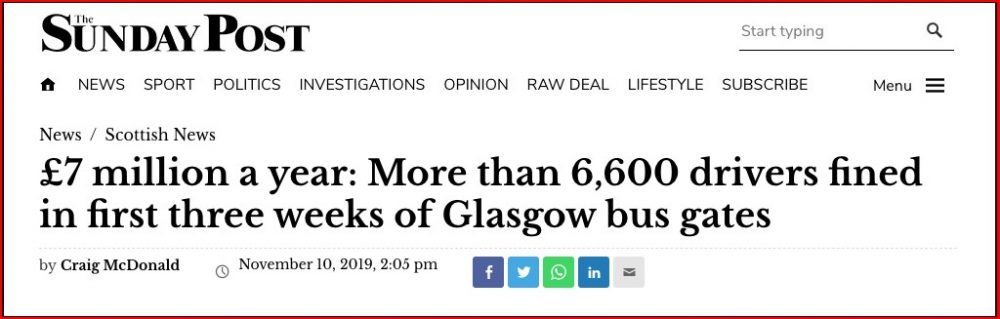 £7 million a year bus gates. Glasgow Sunday Post 10th Nov 2019