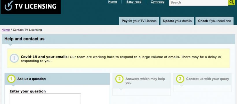 TV licensing website contact statement