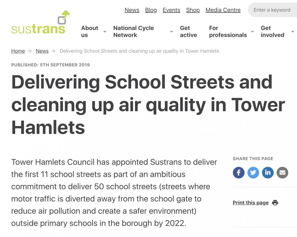 Tower Hamlets Council has appointed Sustrans to deliver the first 11 of 50 school Streets