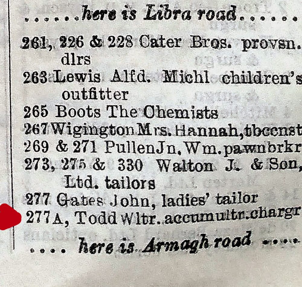 Accumulator Charger, Roman Road, from 1935 Street Directory