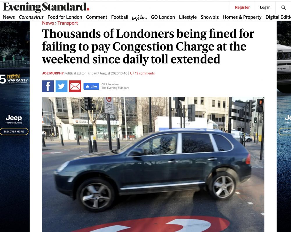 Congestion Charge fines Evening Standard 7th Aug 2020