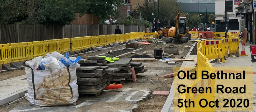 Installing cycle lanes Old Bethnal Green Road Oct 2020