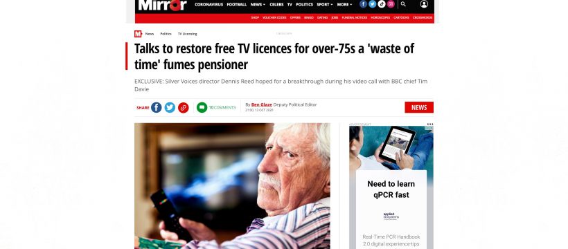 UK TV License Mirror newspaper 13th Oct 2020