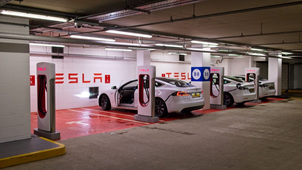 Tesla electric car superchargers at Canary wharf