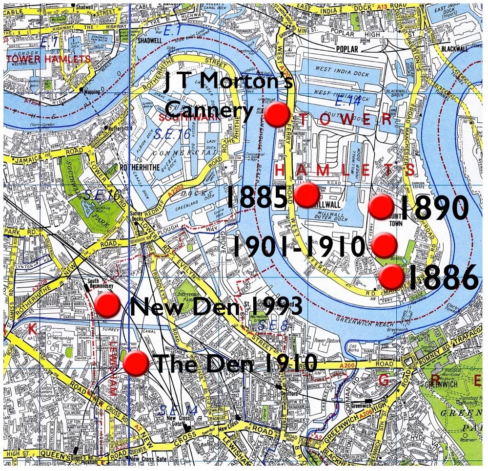 1960s Geographers' map showing the docks, overlaid with the six Millwall football grounds. It shows how close the club has stayed to it's original site.