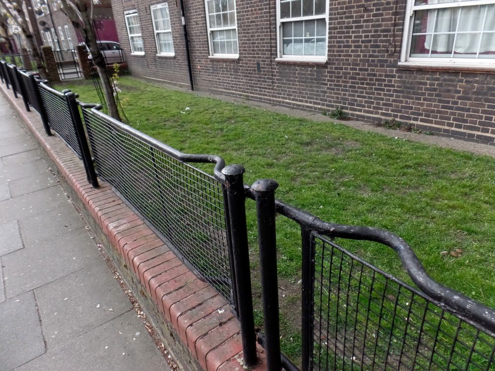 Stretcher Railings junction Devons road and Watts Grove, London E3. They run past BIlberry House and Bramble House