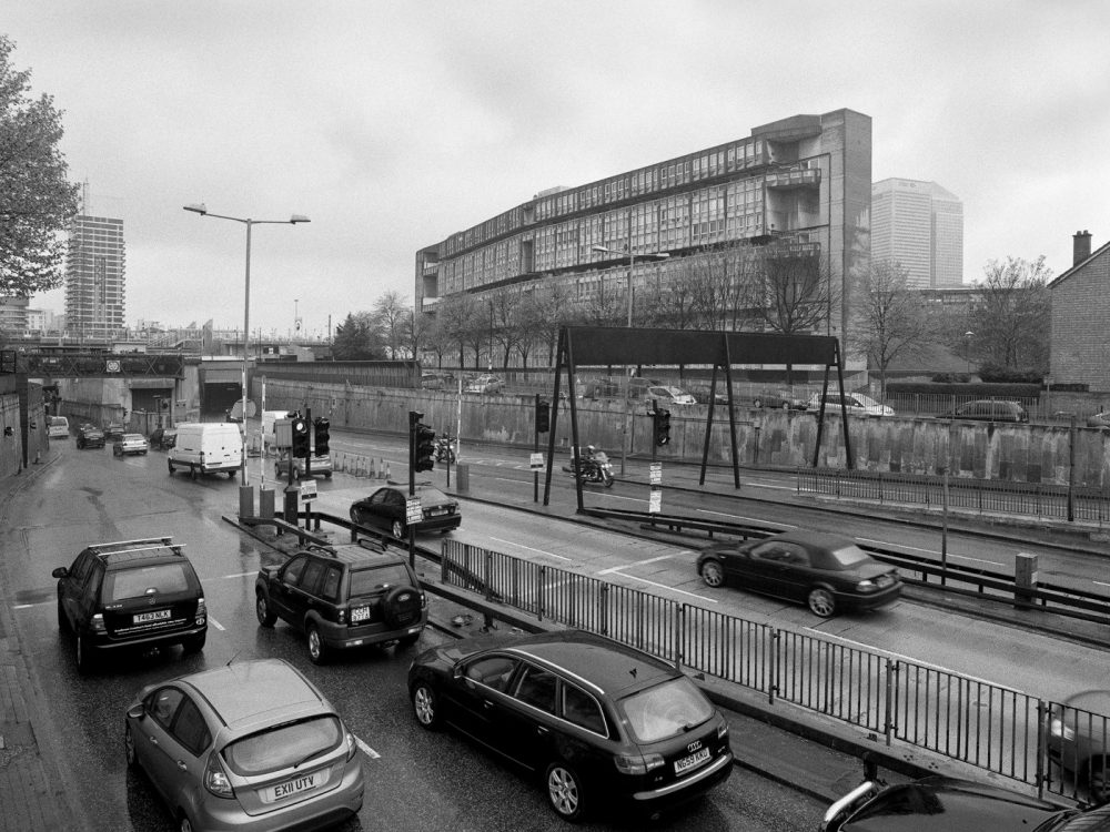 Robin Hood Gardens looking across the entrance to the Blackwall Tunnel