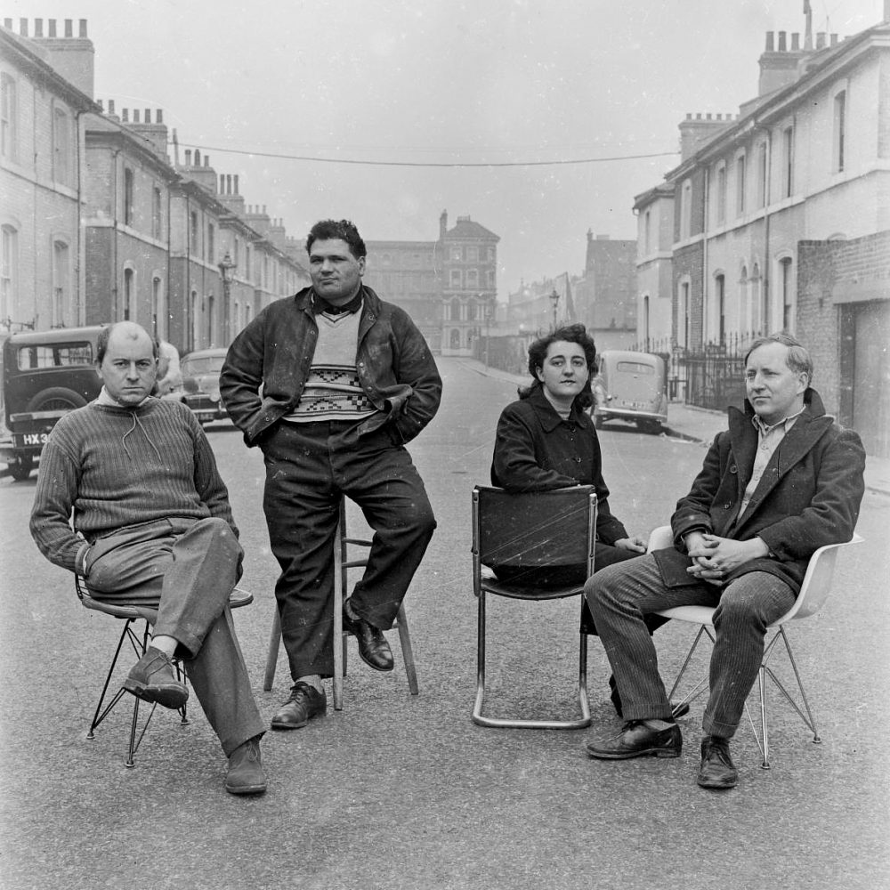 L-R Friends Peter Smithson, Eduardo Paulozzi, Alice Smithson and Nigel Henderson. Taken for the catalogue of "This is Tomorrow" exhibition at Whitechapel Art Gallery 1956. Photo courtesy of Tate Gallery.