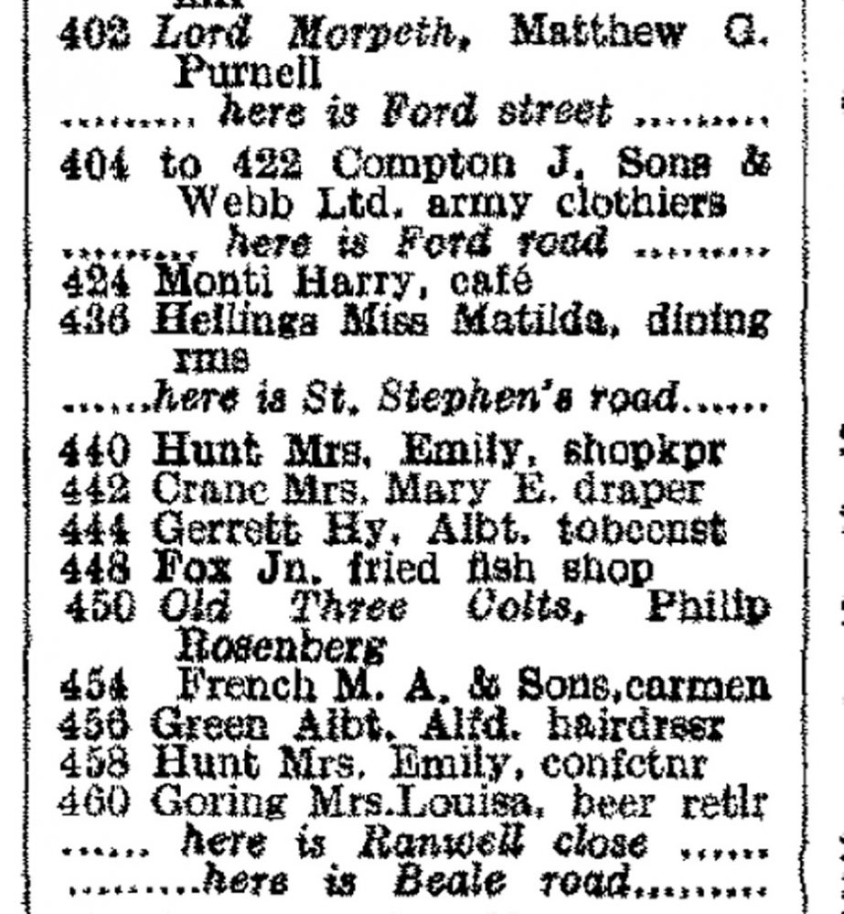 1939 Street Directory showing Old Three Colts
