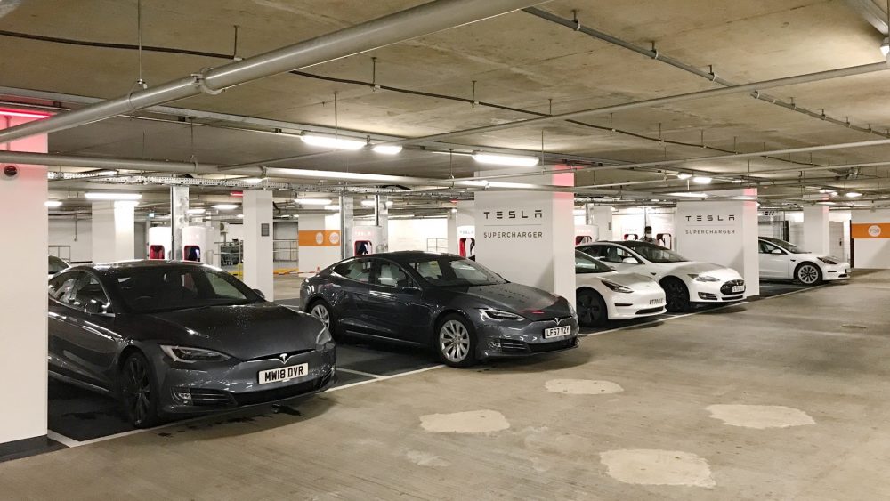 Twelve Tesla Superchargers on level P3 underneath Waitrose, Canary Wharf.
