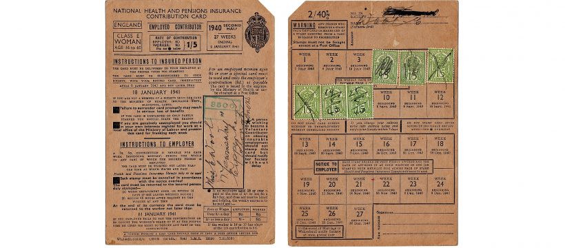 National Insurance card from 1940 showing payment stamps. Source British Government.