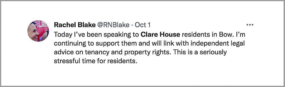Tweet by Bow East Councillor Rachel Blake 1st Oct 2021