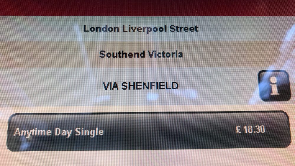 £18.30 single to Southend. The ticket machine price at Liverpool Street Station