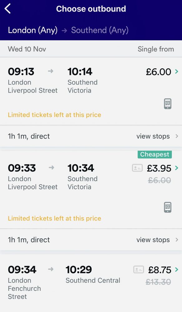£3.95 train fare London to Southend booked 2 weeks ahead
