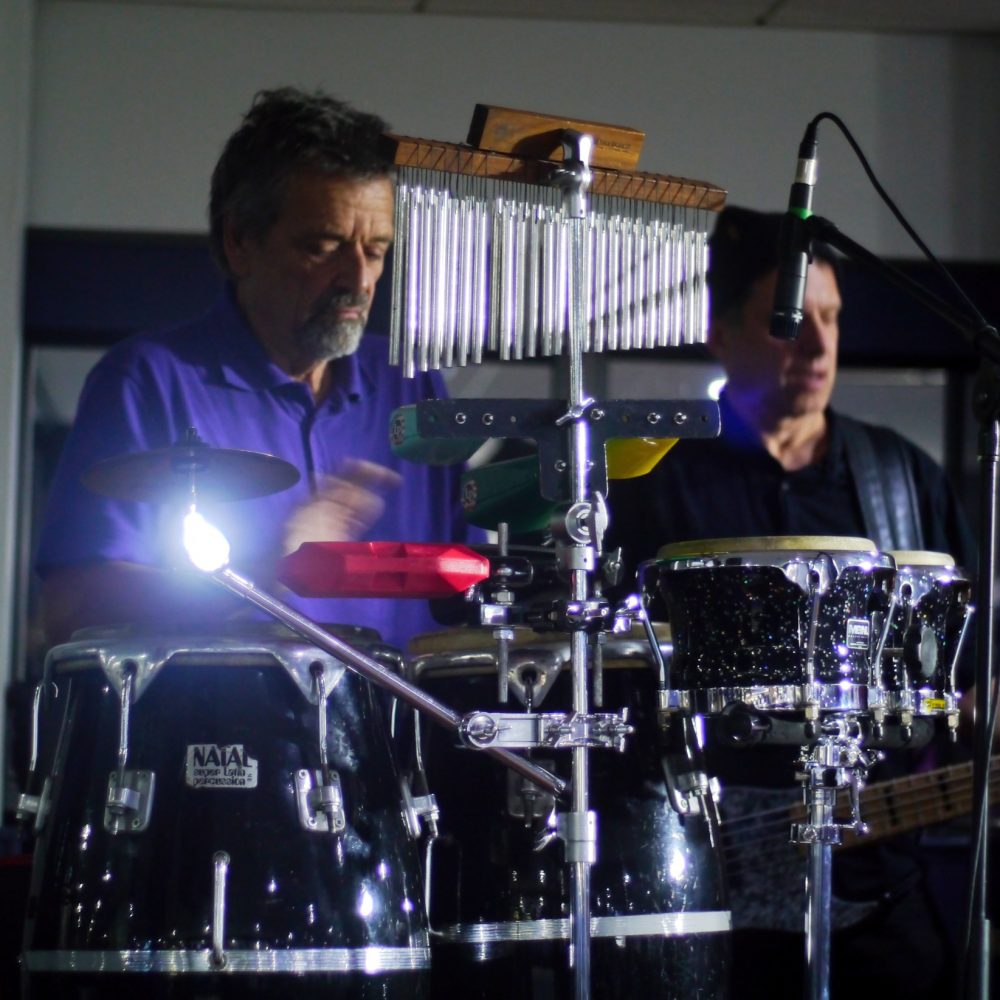 Andy Porter (left) on percussion at Millwall