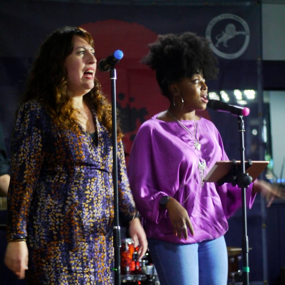 Singers on stage at Barrie Stadling's party at Millwall FC