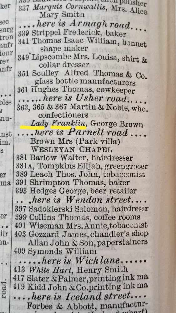 Lady Franklin Old Ford Road 1882