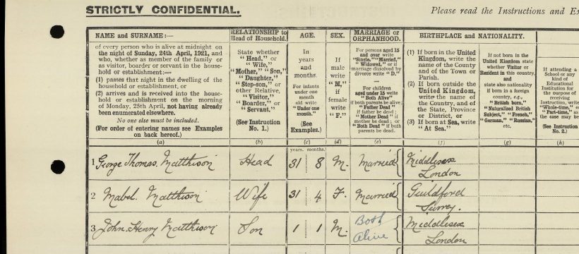 George Thomas Matthison living in Bow in 1921