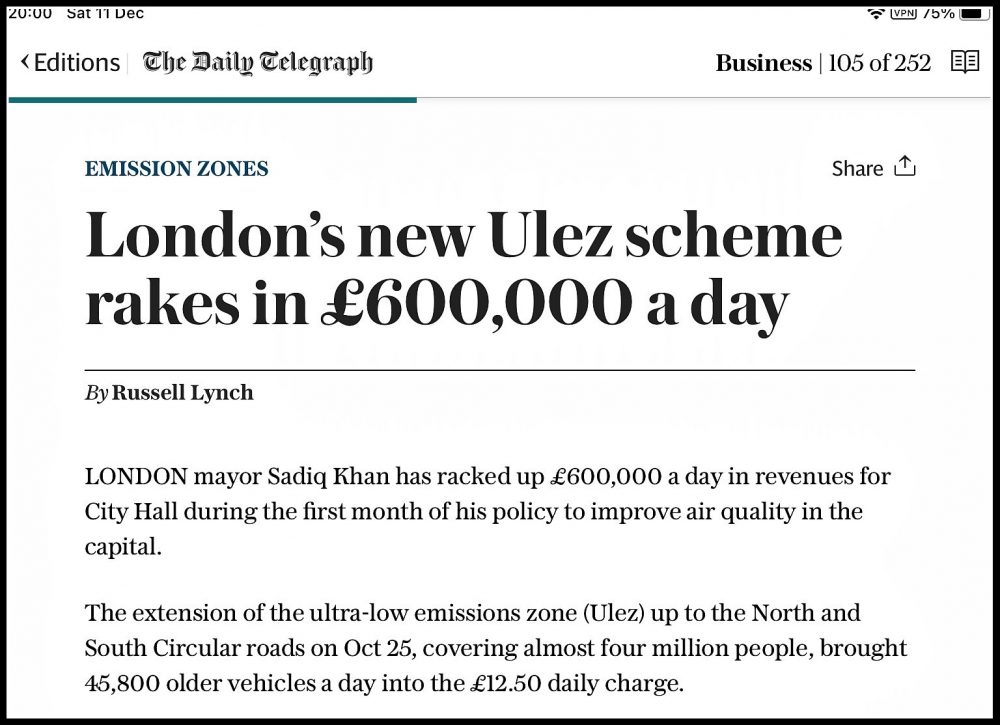 The Daily Telegraph on London ULEZ scheme 11th Dec 2021