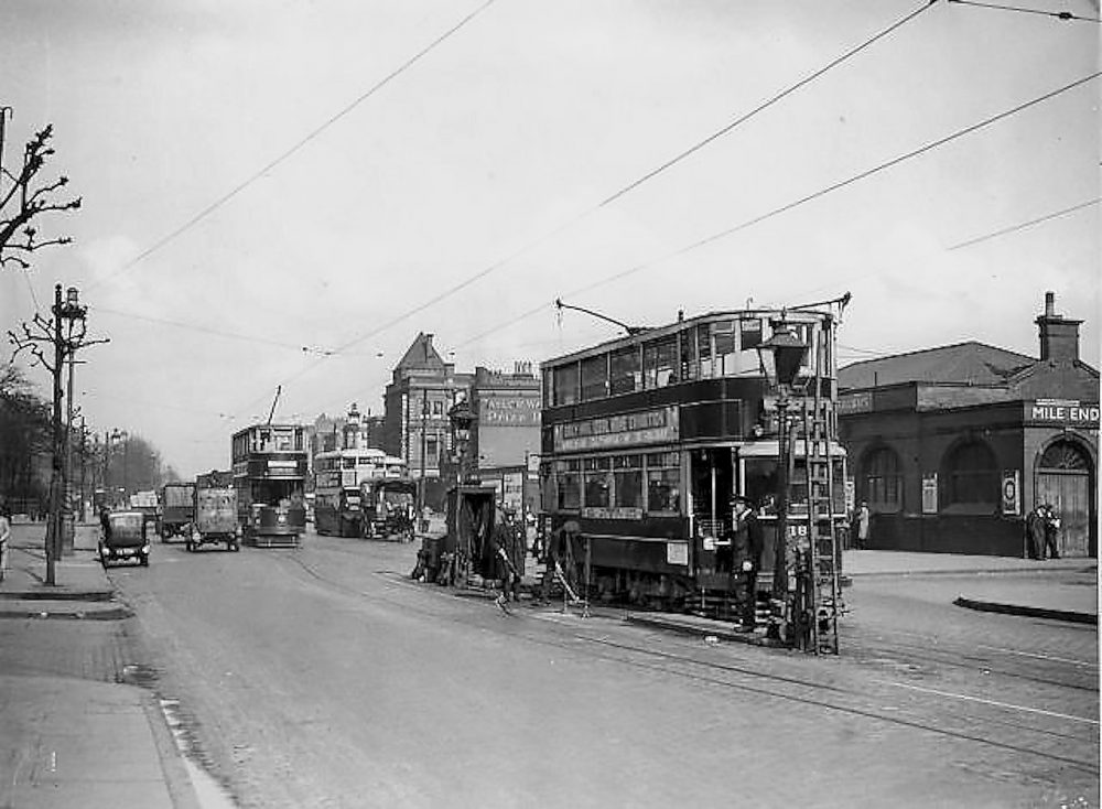 Trams outside Mile End Station 1934