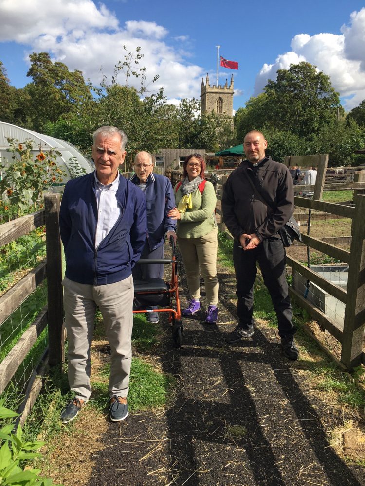 L-R Geezers John Woodward, John Day and his daughter, Carole, Father Brian from St Barnabas church