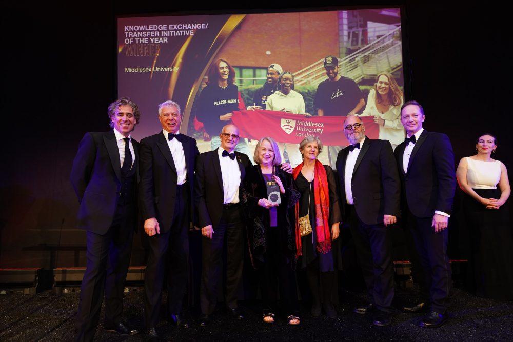 Loraine Leeson, centre, holding the award, to her left Ricky Ayliffe and Eddie Snooks representing The Geezers. To Loraine's right Professor Ann Light (who instigated the project in 2007) and Middlesex University's Director of Knowledge Transfer Professor Mark Gray