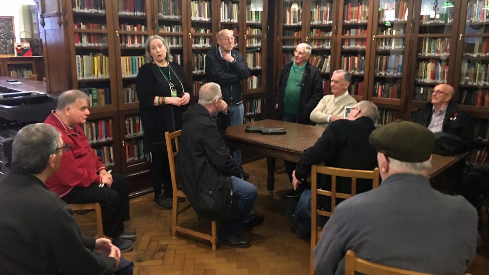 The Geezers with Michelle Johansen in the reading room of the Bishopsgate Institute