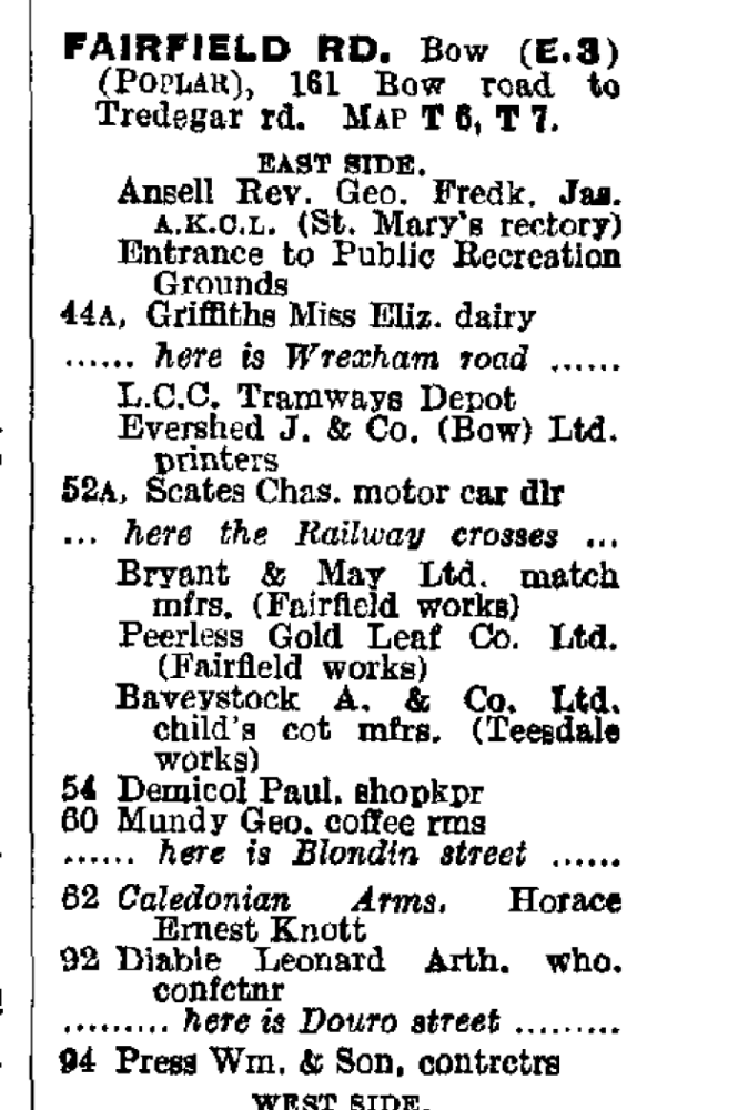 Fairfield Road Bow 1939. At the bottom you can see the William Press Yard. A third the way down you can see that the bus garage was then a tram depot.