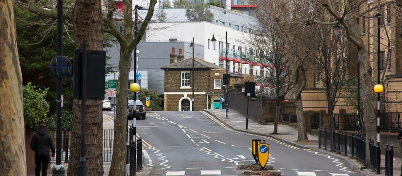 Looking east along Tredegar Road, Bow, at Pelican Cottage.