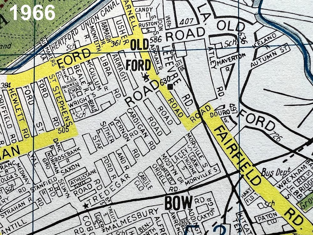 Tredegar Road map 1966. Note Lefevre Road to the east of Parnell Road, and how Old Ford Road continued east past Old Ford station.