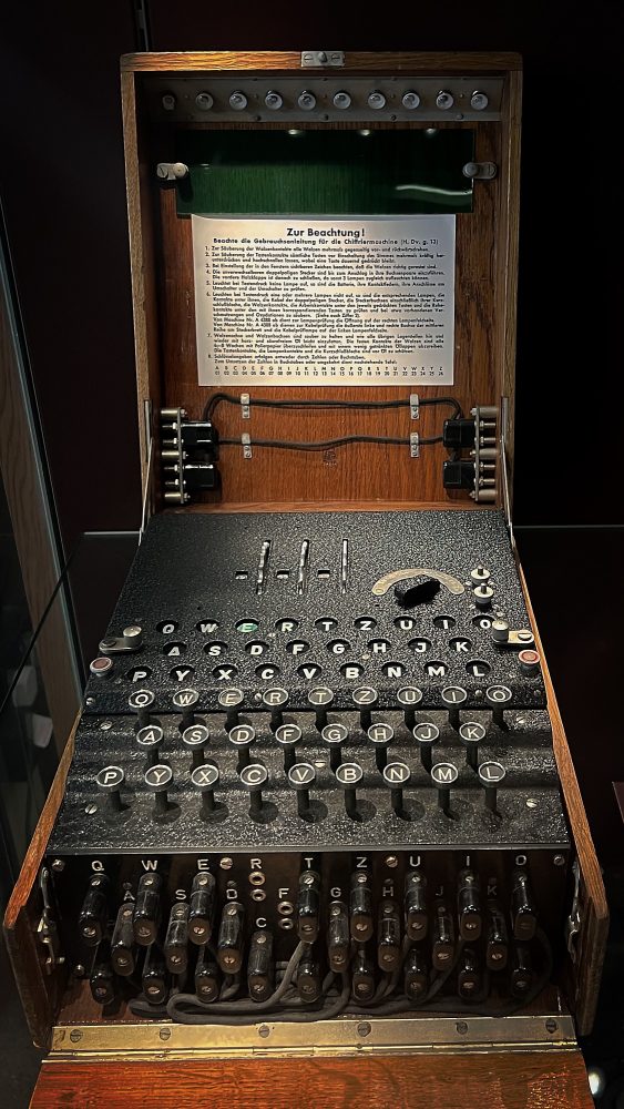 A typical 3 rotor Enigma machine with plugboard. They were portable and designed to be used in the field